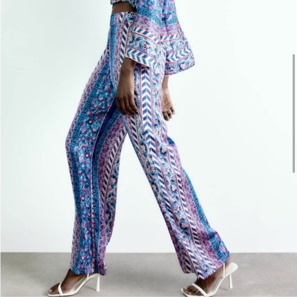 π¦ ZARA BOHO BLUE MULTI TRIBAL SATIN WIDE LEG HIGH WAIST PANTS! - Picture 8 of 16